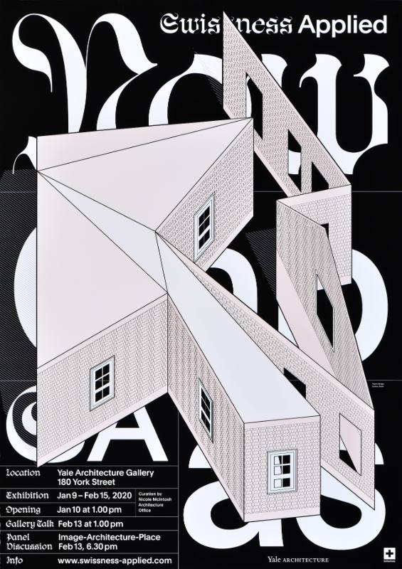 A poster of swirling white text on a black background