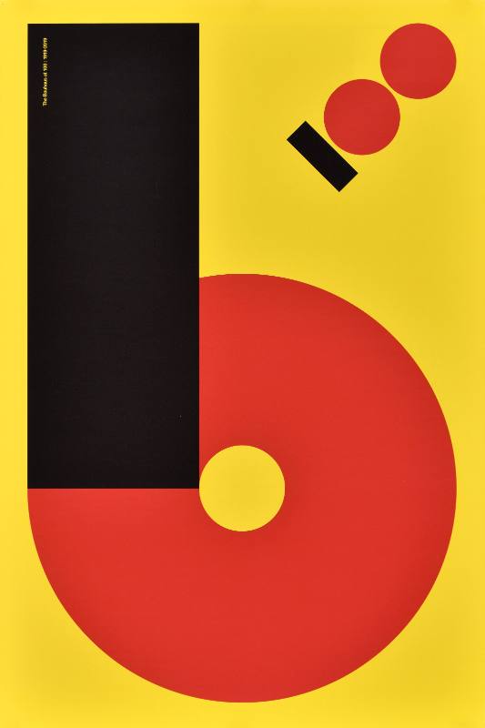 A poster of colorful geometric shapes on a yellow background