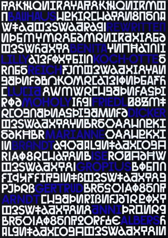 A poster of rows of text with some of it highlighted in blue