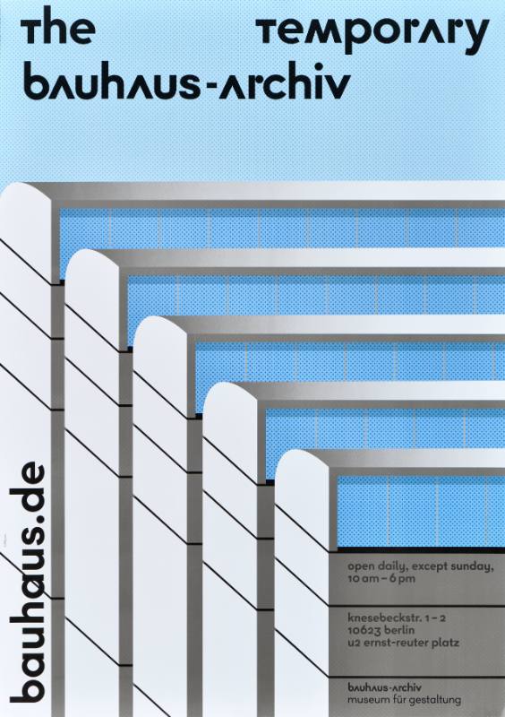 A poster of blocky text on a blue geometric background