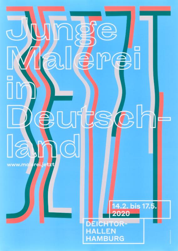 A poster of wavy geometric text on a blue background