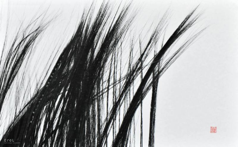 A poster of a black wave made out of hair with red text