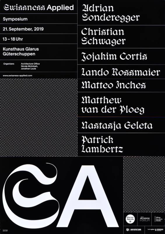 A poster of swirling white text on a black background