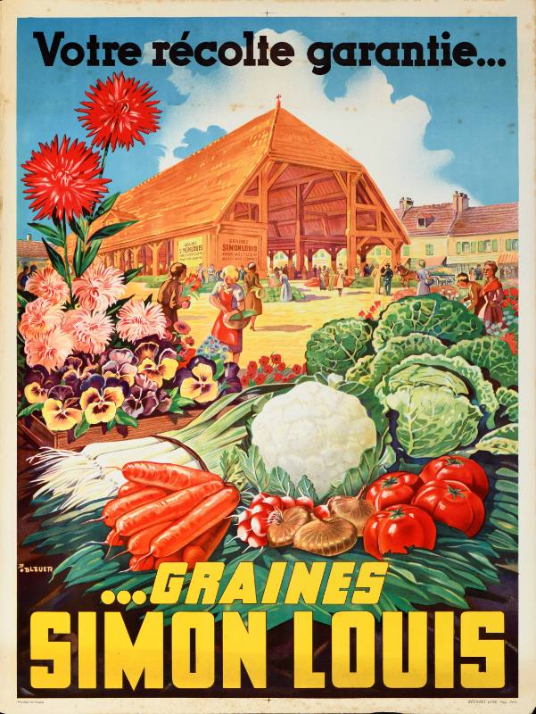 A poster of a farm with lush vegetables and flowers printed in many colors
