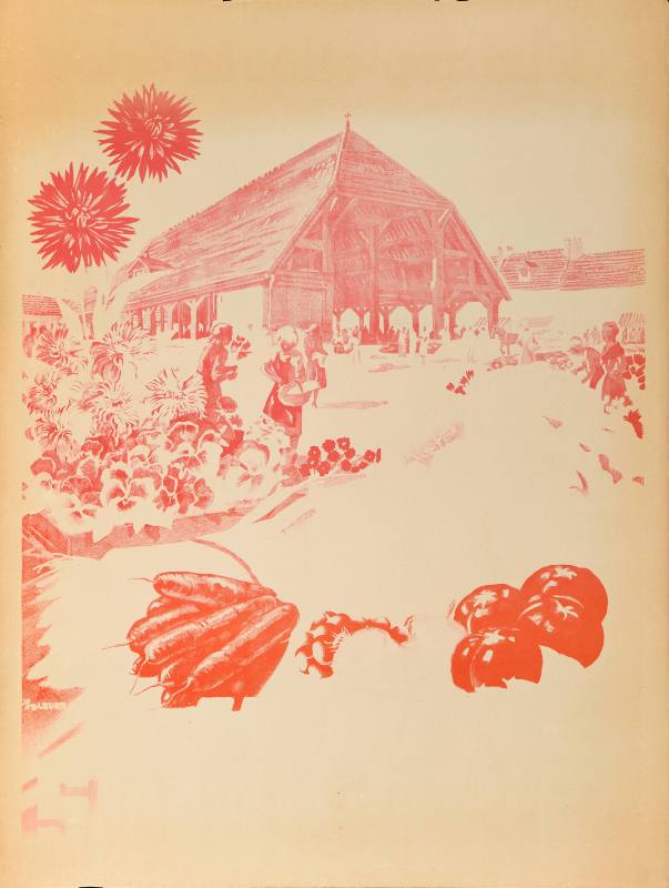 A poster of a farm with lush vegetables and flowers printed in red