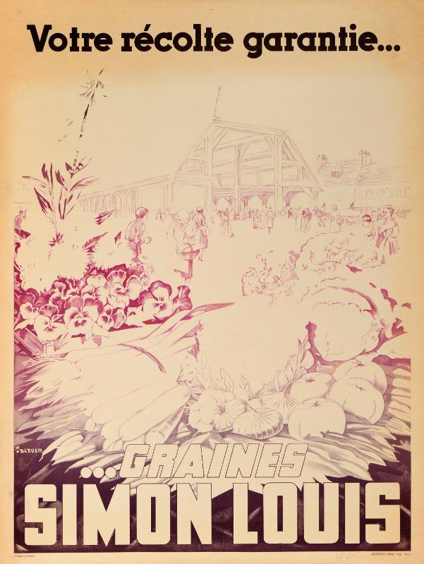 A poster of a farm with lush vegetables and flowers printed in magenta