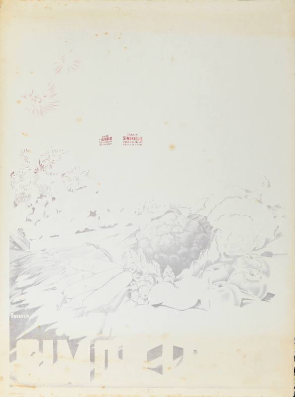 A poster of a farm with lush vegetables and flowers printed in black