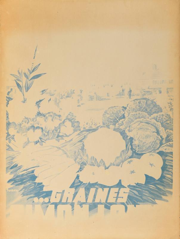 A poster of a farm with lush vegetables and flowers printed in blue