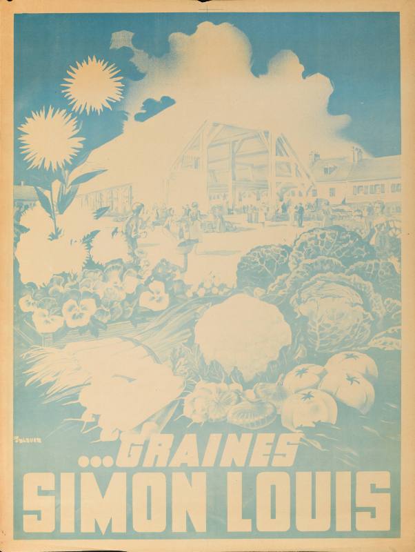A poster of a farm with lush vegetables and flowers printed in blue