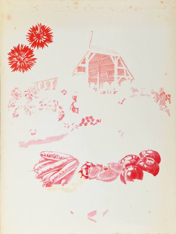 A poster of a farm with lush vegetables and flowers printed in red
