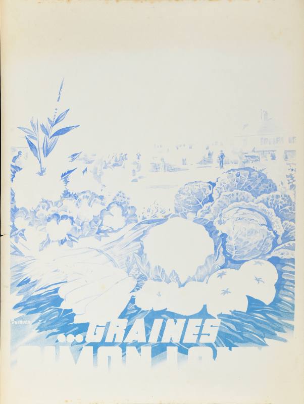 A poster of a farm with lush vegetables and flowers printed in blue