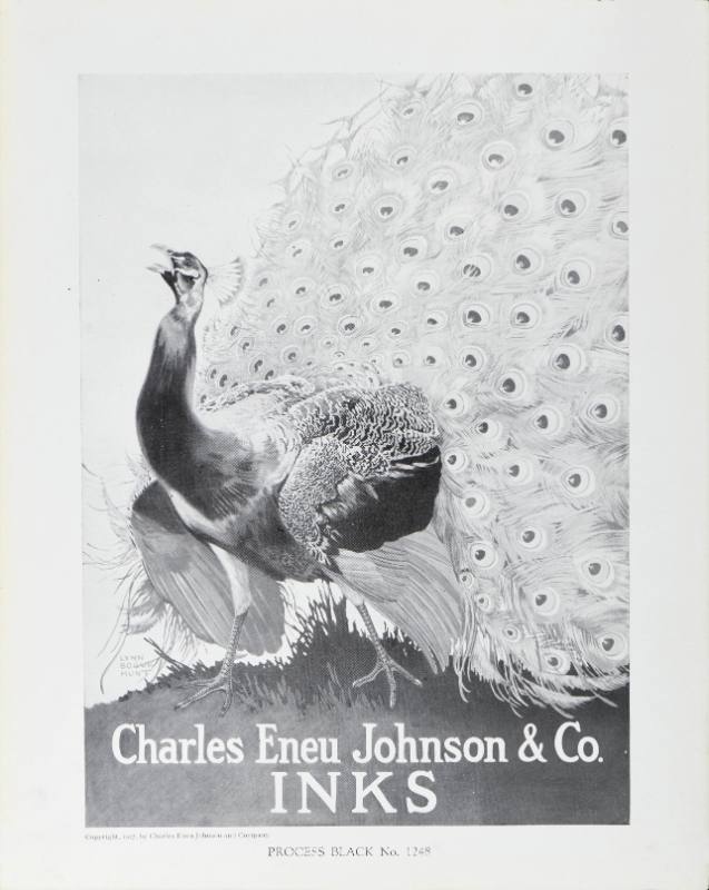 A poster of a peacock printed in black