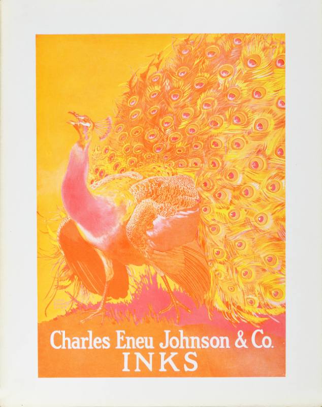 A poster of a peacock printed in yellow and red