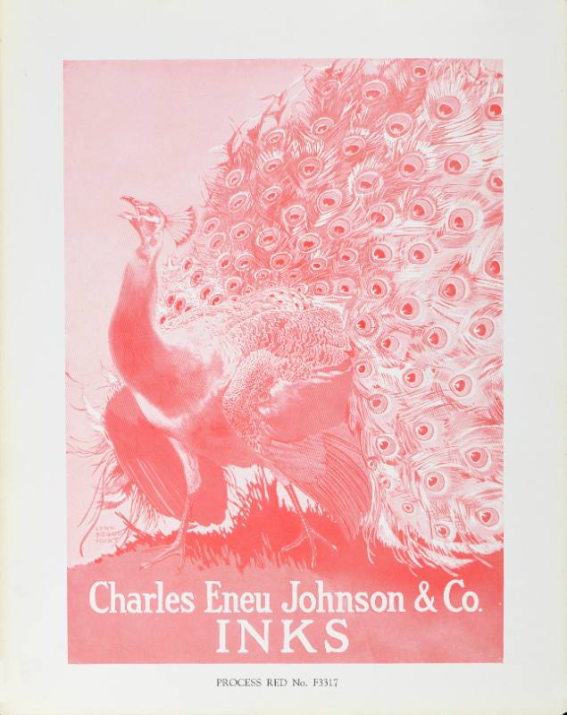 A poster of a peacock printed in red