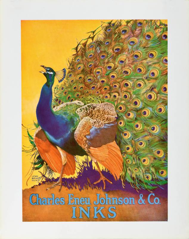 A poster of a peacock printed in many colors