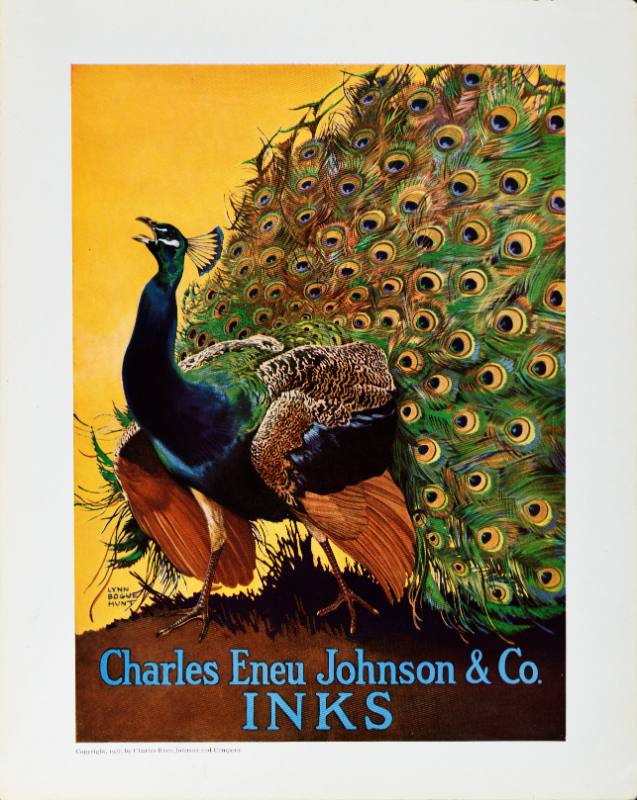 A poster of a peacock printed in many colors