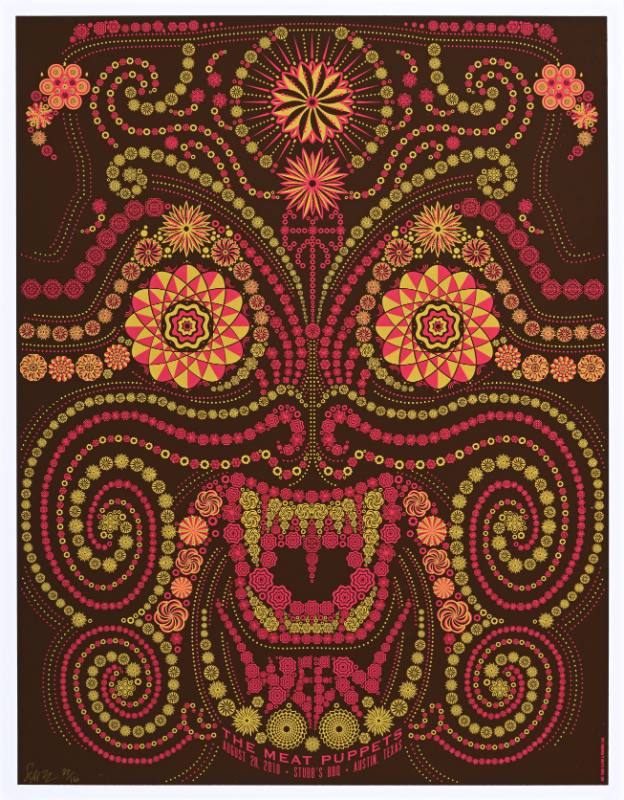 A poster of swirling geometric shapes in the shape of a scowling face