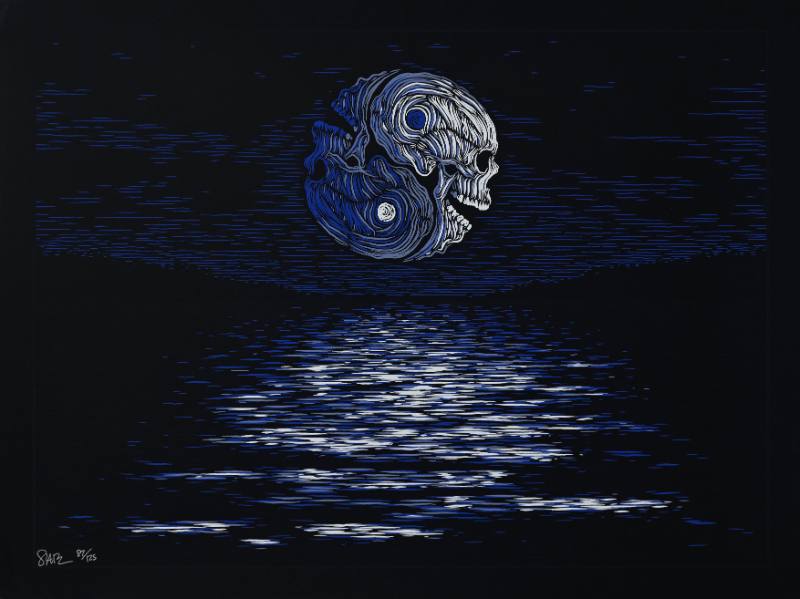 A poster of a moon made out of two skulls over swirling water