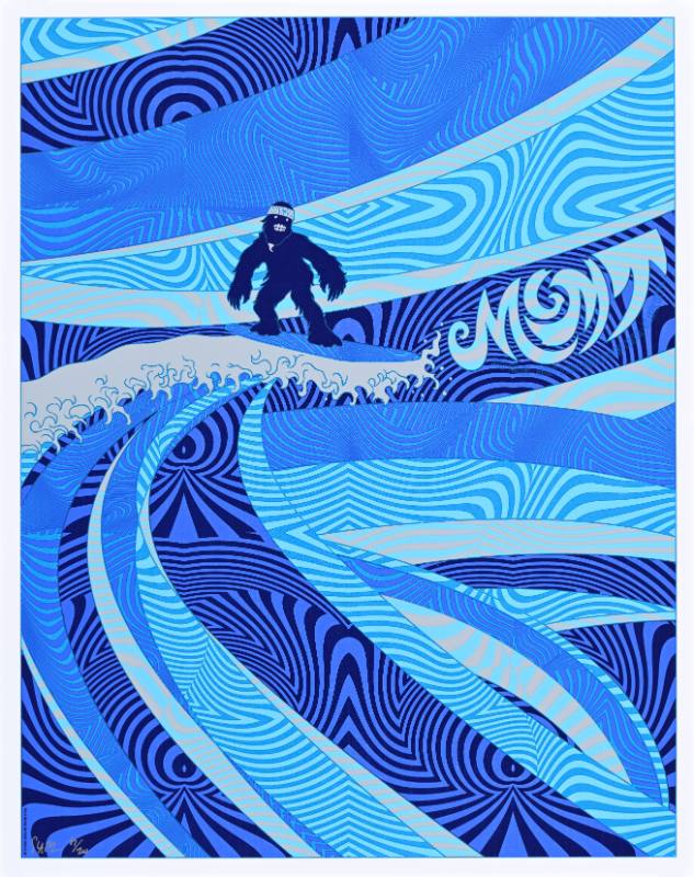 A poster of an ape surfing on a psychedelic ocean