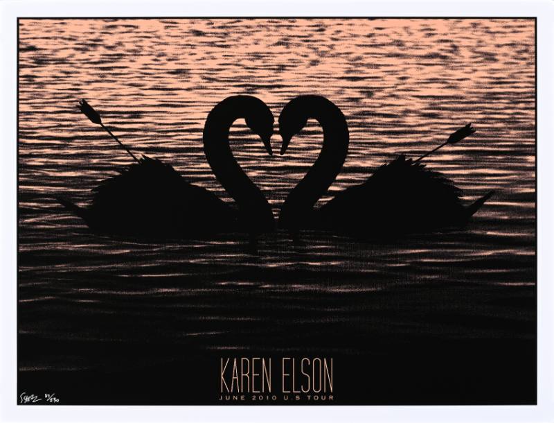 A poster of two swans with arrows sticking out of them forming the shape of a heart