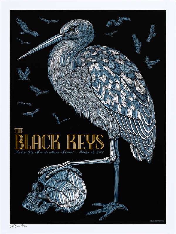 A poster of a heron with its foot on a skull made out of swirling lines