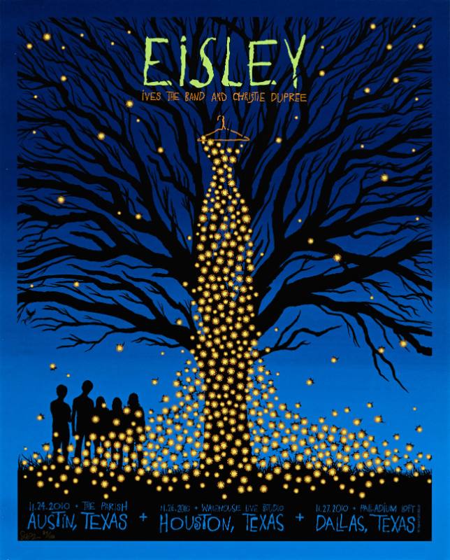 A poster of a tree with a dress made out of fireflies hanging on it