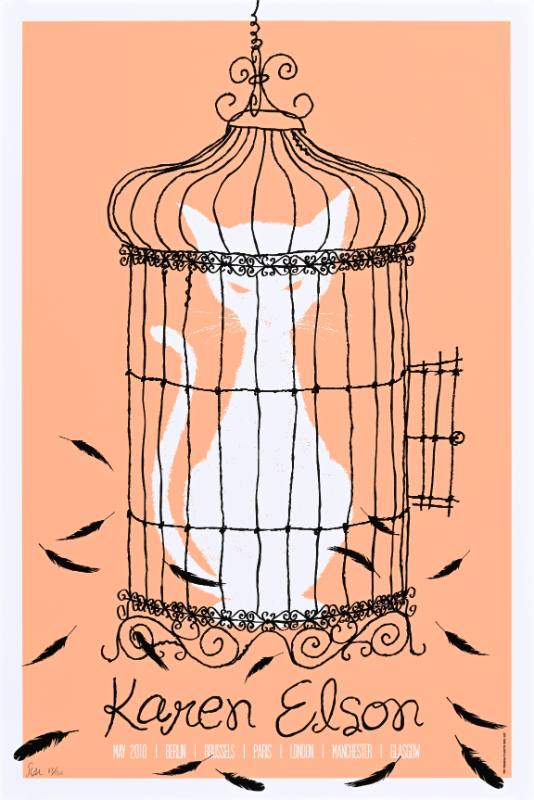 A poster of a cat in a cage surrounded by feathers