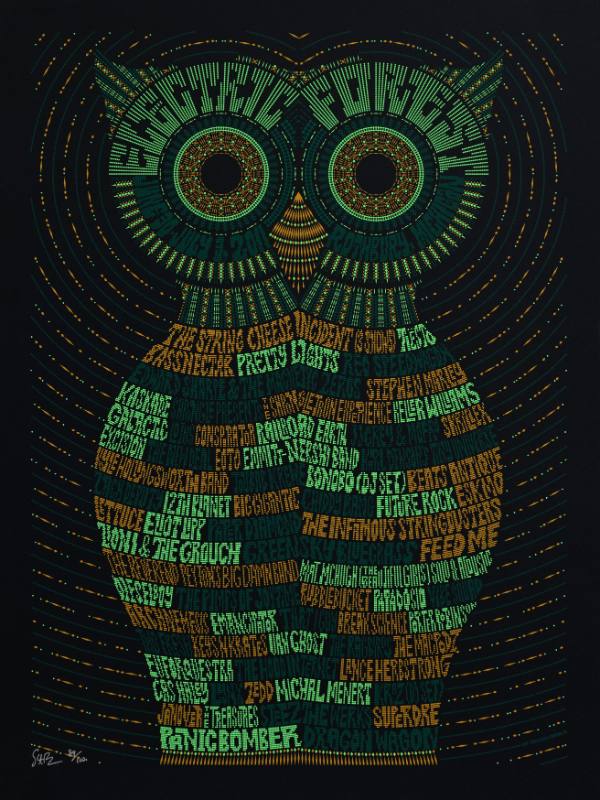 A poster of an owl made out of swirling words