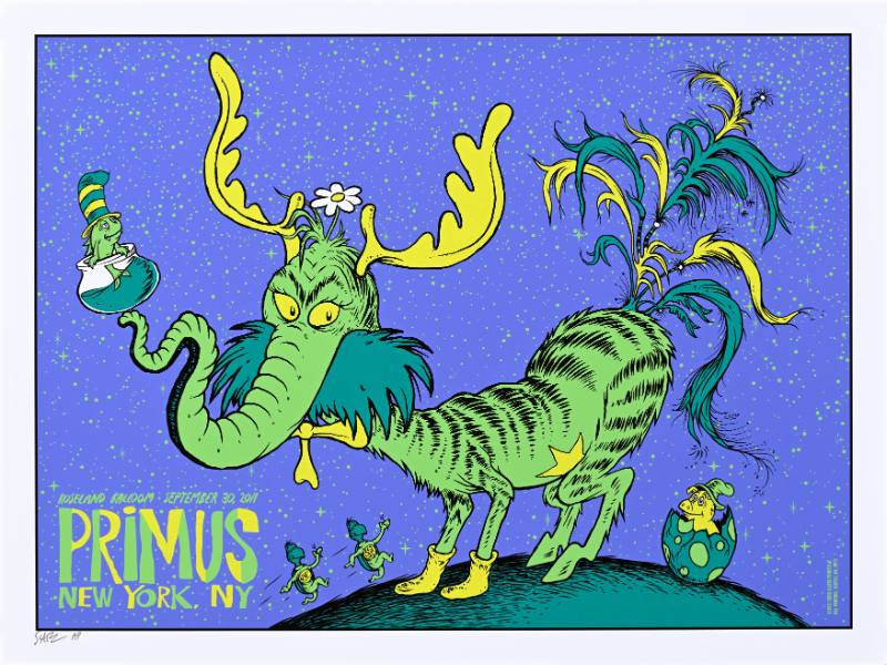 A poster of a green reindeer with a star on its belly holding up a fish with a striped hat