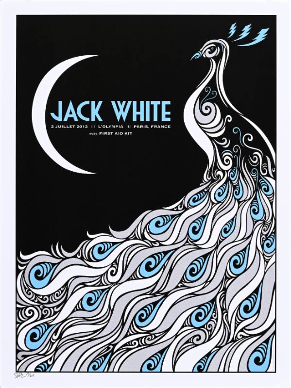 A poster of a peacock made out of swirling lines