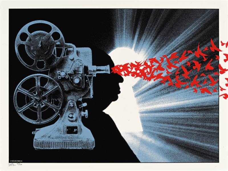 A poster of birds coming out of a film reel while a man watches with a serious expression on his face