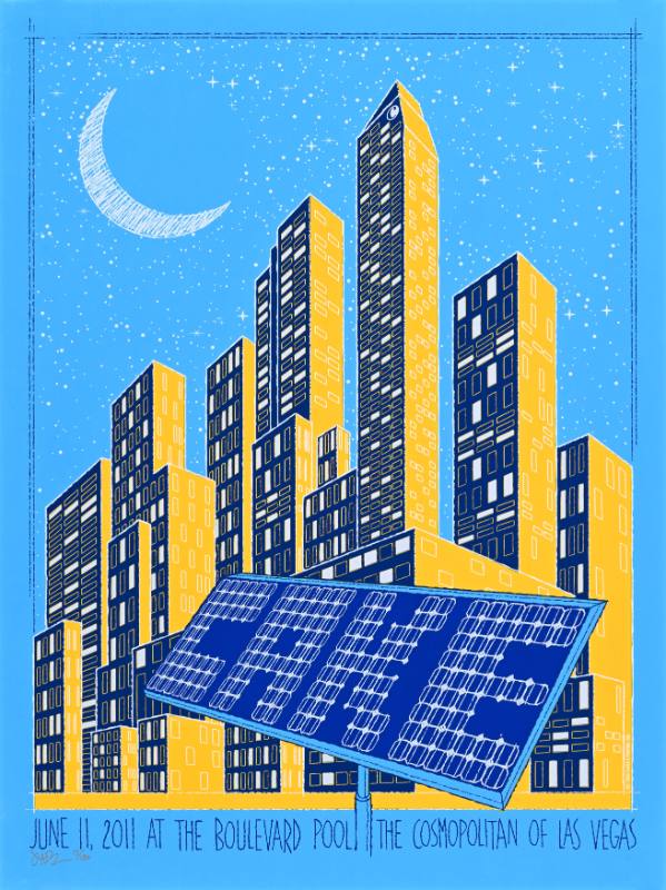 A poster of a towering city at night