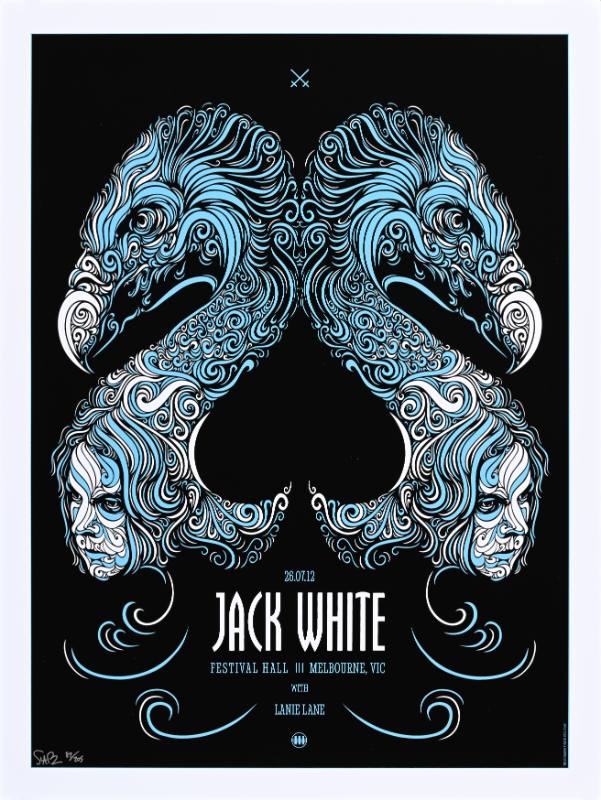 A poster of two birds with women's faces at the bottom made out of swirling lines