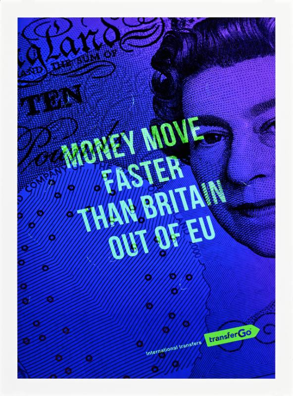 A poster of a British pound note printed in purple with green writing on top