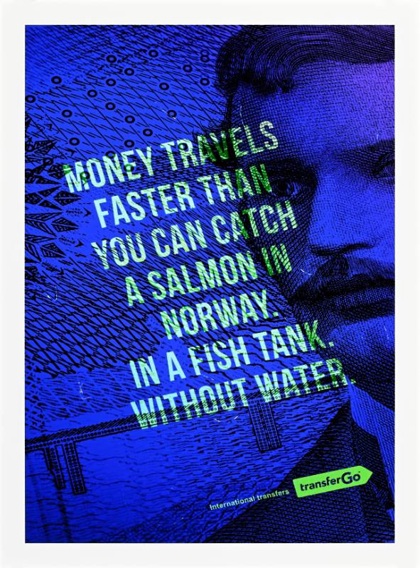 A poster of Norwegian currency printed in purple with green writing on top