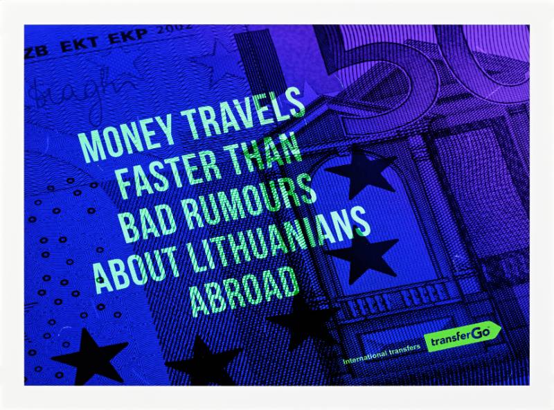 A poster of foreign currency printed in purple with green writing on top