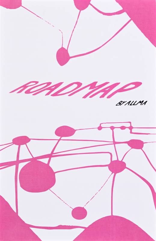 A poster of pink nodes connected by lines with bold text across the center