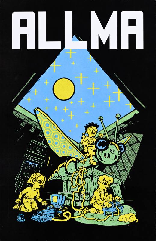 A poster of children at work building a robotic bee inside a basement