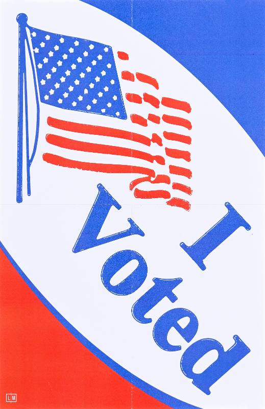 A poster of an American flag waving over blue letters