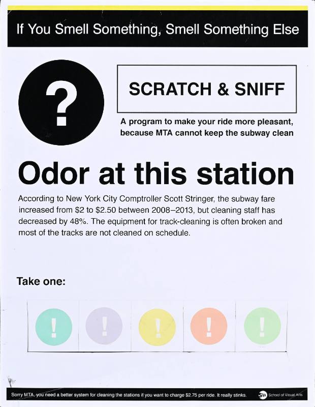 A poster covered in bold black text with five tearaway squares at the bottom with pastel exclamation points on them