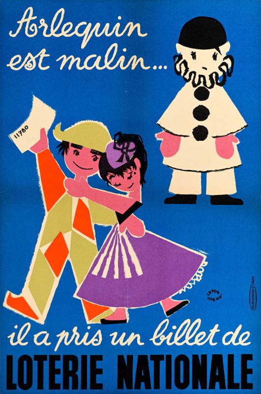 A poster of a cartoon woman holding hands with a harlequin clown while a clown in a white suit looks sadly on