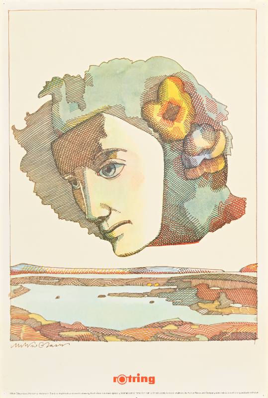 A poster of a somber man's face looking over a lake made out of colorful lines