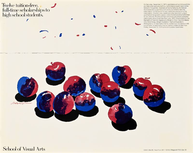 A poster of twelve cherries with white highlights; the highlights are reflected above them as colorful spots