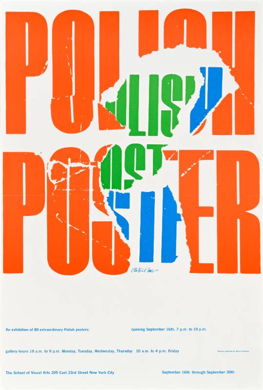 A poster of green and blue text breaking through a line of bold orange text