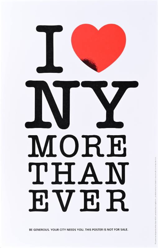 A poster of stacked black text with a red heart at the top