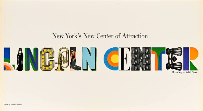 A poster of eccentric text made out of instruments, glasses, people, and geometric shapes