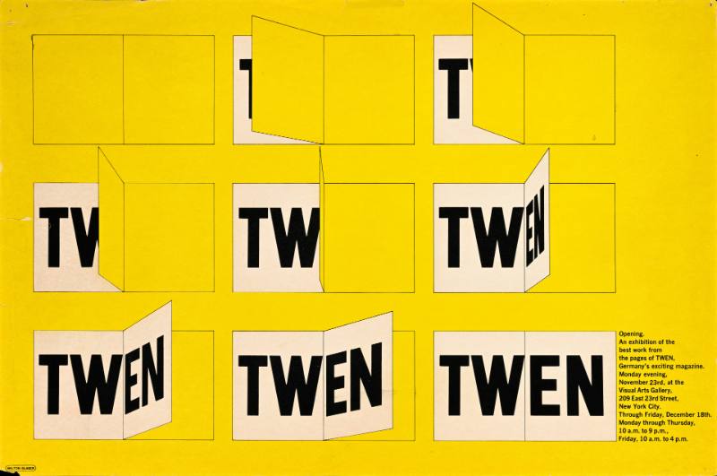 A poster of yellow books with pages flipping to reveal bold black and white text