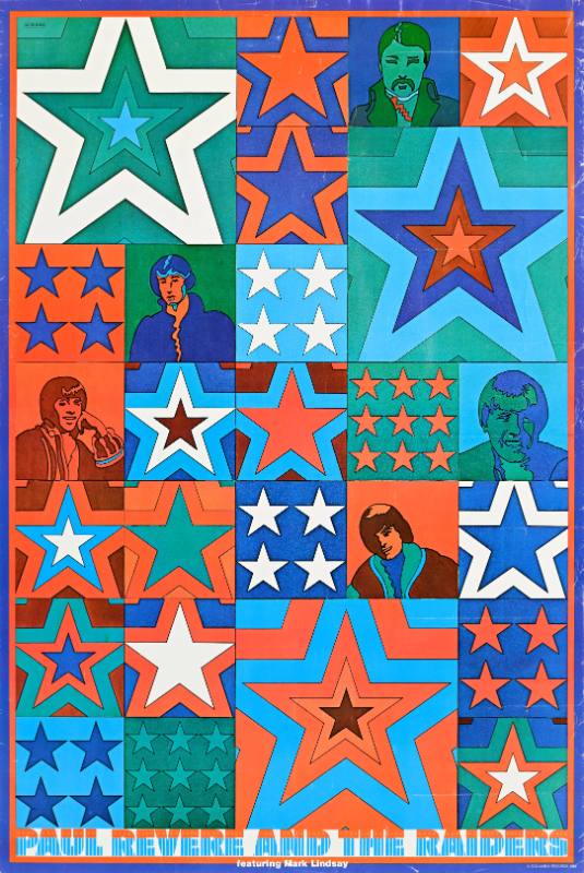 A poster of colorful stars arranged in a grid surrounded by psychedeilc outlines of men with bowl cuts