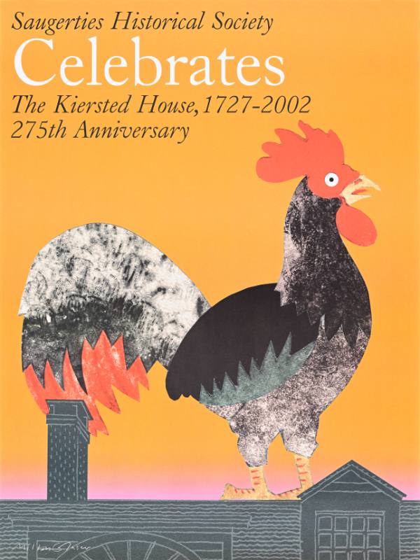 A poster of a rooster standing on top of a mill