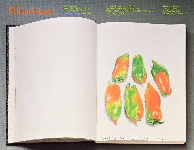 A poster of a sketchbook with drawings of colorful tomatoes in a line